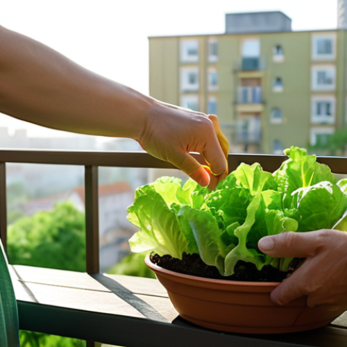 Home 13 A serene, close-up shot of hands gently tending to vibrant green lettuce and budding cherry tomato plants in a small, personal balcony garden. Soft morning light bathes the scene, highlighting the fresh greenery against a slightly blurred urban cityscape in the background, conveying a sense of peace and a personal oasis.