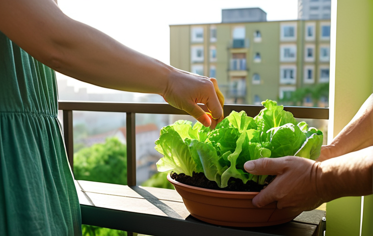 A serene, close-up shot of hands gently tending to vibrant green lettuce and budding cherry tomato plants in a small, personal balcony garden. Soft morning light bathes the scene, highlighting the fresh greenery against a slightly blurred urban cityscape in the background, conveying a sense of peace and a personal oasis.