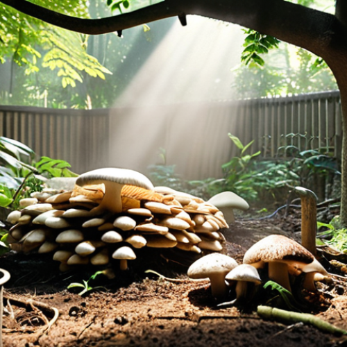 Home 8 **
A lush, shaded backyard garden scene. Focus on a small, dedicated mushroom growing area with logs, straw, and dark, damp soil. Clusters of oyster mushrooms and shiitake mushrooms are visibly growing. Soft, diffused light filters through the leaves of trees overhead. Mist lightly hangs in the air, and a watering can sits nearby.
**