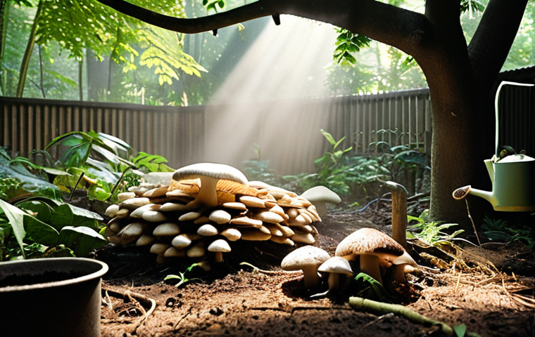 **
A lush, shaded backyard garden scene. Focus on a small, dedicated mushroom growing area with logs, straw, and dark, damp soil. Clusters of oyster mushrooms and shiitake mushrooms are visibly growing. Soft, diffused light filters through the leaves of trees overhead. Mist lightly hangs in the air, and a watering can sits nearby.
**