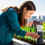 A professional urban gardener, a woman, in modest and appropriate professional gardening attire, gently checking a digital soil sensor in a vibrant, sun-drenched balcony garden. Healthy potted plants thrive around an automated irrigation system and various smart sensors. A modern city skyline is softly blurred in the background. Warm, soft spring sunlight illuminates the scene. professional photography, high detail, vibrant colors, realistic, perfect anatomy, correct proportions, natural pose, well-formed hands, proper finger count, natural body proportions, safe for work, appropriate content, fully clothed, family-friendly.