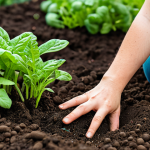 A person, dressed in practical, modest gardening attire, gently touching healthy, rich soil in a vibrant home vegetable garden. Lush, green plants with vivid colors are thriving around them. Earthworms are visible in the loose, crumbly soil. The scene conveys a sense of growth and natural vitality. Professional photography, soft natural lighting. safe for work, appropriate content, fully clothed, modest, perfect anatomy, correct proportions, natural pose, well-formed hands, proper finger count, natural body proportions.