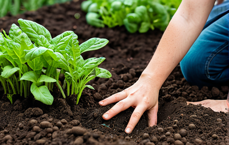 A person, dressed in practical, modest gardening attire, gently touching healthy, rich soil in a vibrant home vegetable garden. Lush, green plants with vivid colors are thriving around them. Earthworms are visible in the loose, crumbly soil. The scene conveys a sense of growth and natural vitality. Professional photography, soft natural lighting. safe for work, appropriate content, fully clothed, modest, perfect anatomy, correct proportions, natural pose, well-formed hands, proper finger count, natural body proportions.